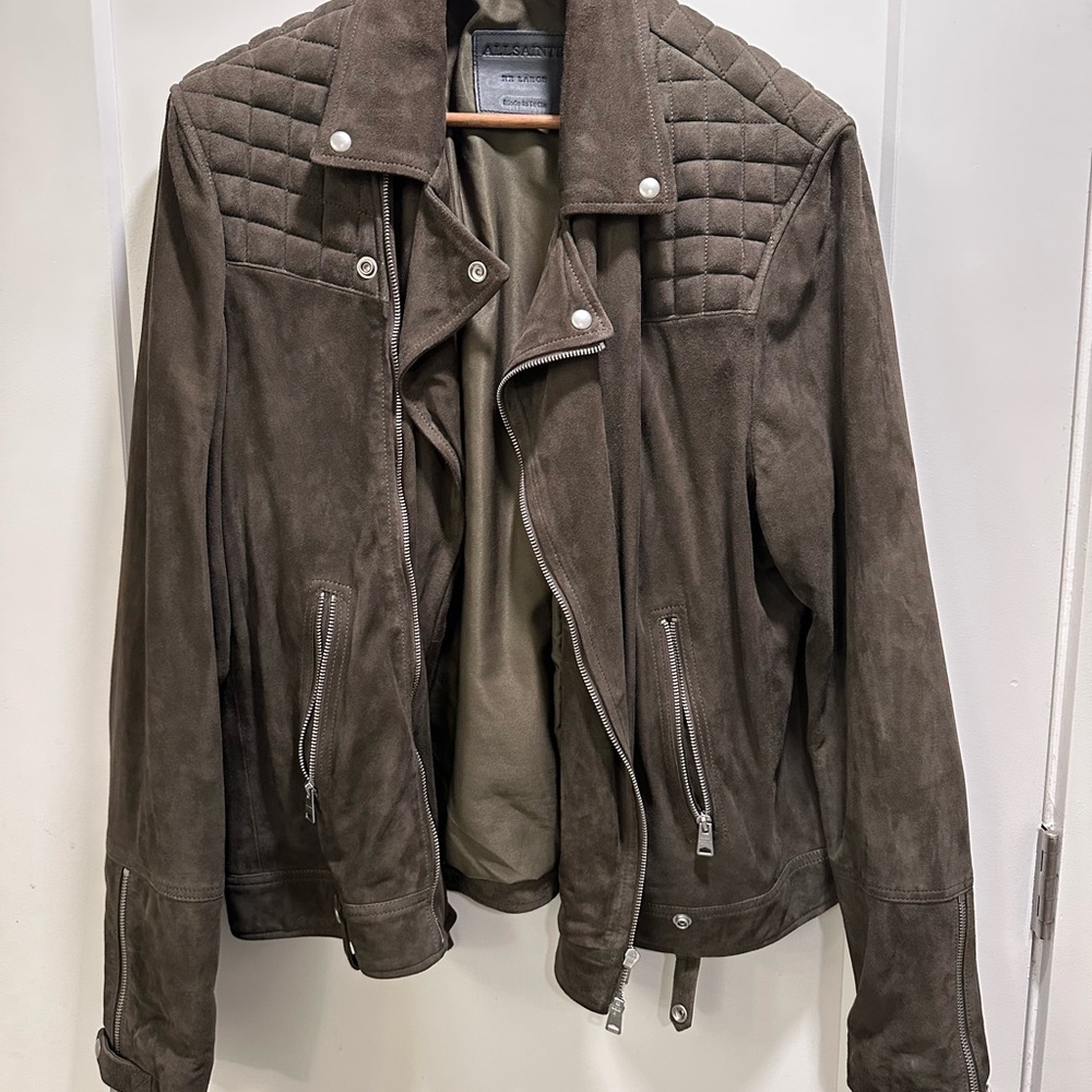 AllSaints Quilted Shoulder Suede Bomber Jacket - Brown